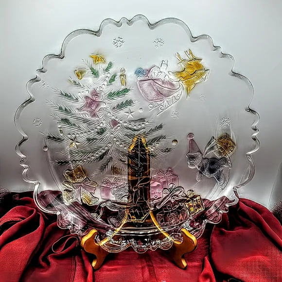Share the Joy Christmas Glass Platter Santa Sleigh Teddy Bears 14" Caldor Vtg - Picture 1 of 10